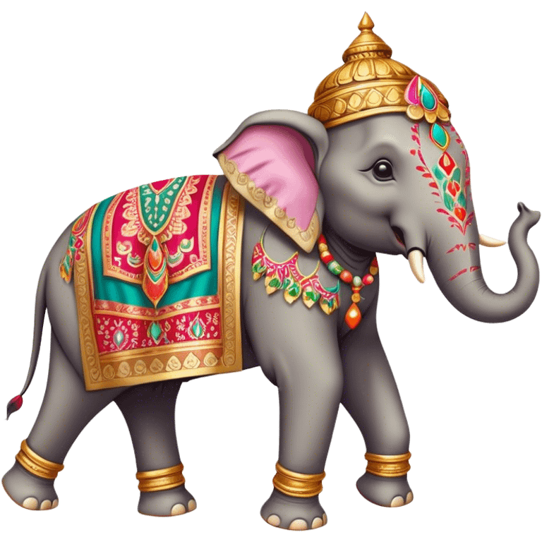 Decorated Indian elephant – Cinematic Realistic Decorated Indian Elephant, depicted as a majestic elephant adorned with vibrant, ornate ceremonial decorations and rich, colorful fabrics, set against a festive Indian backdrop with warm golden lighting that highlights its cultural significance. emoji