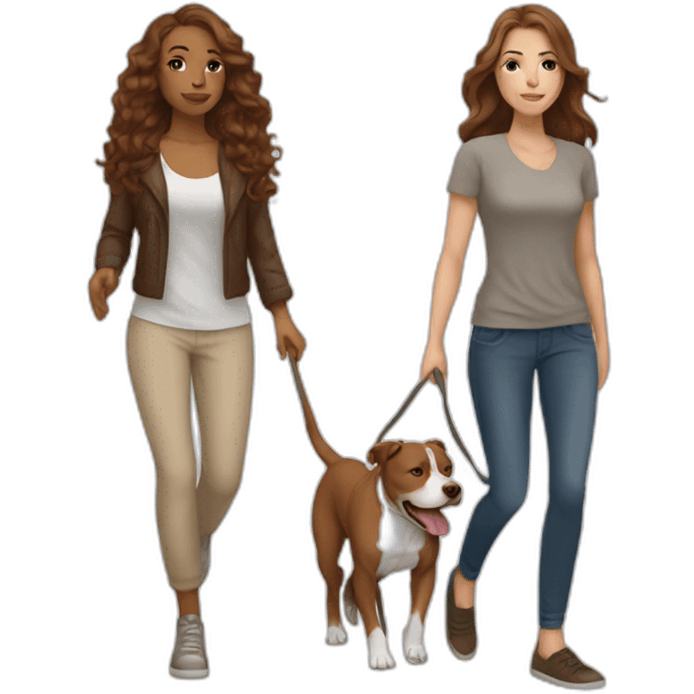 White woman with long wavy brown hair walking tan and white pitbull emoji