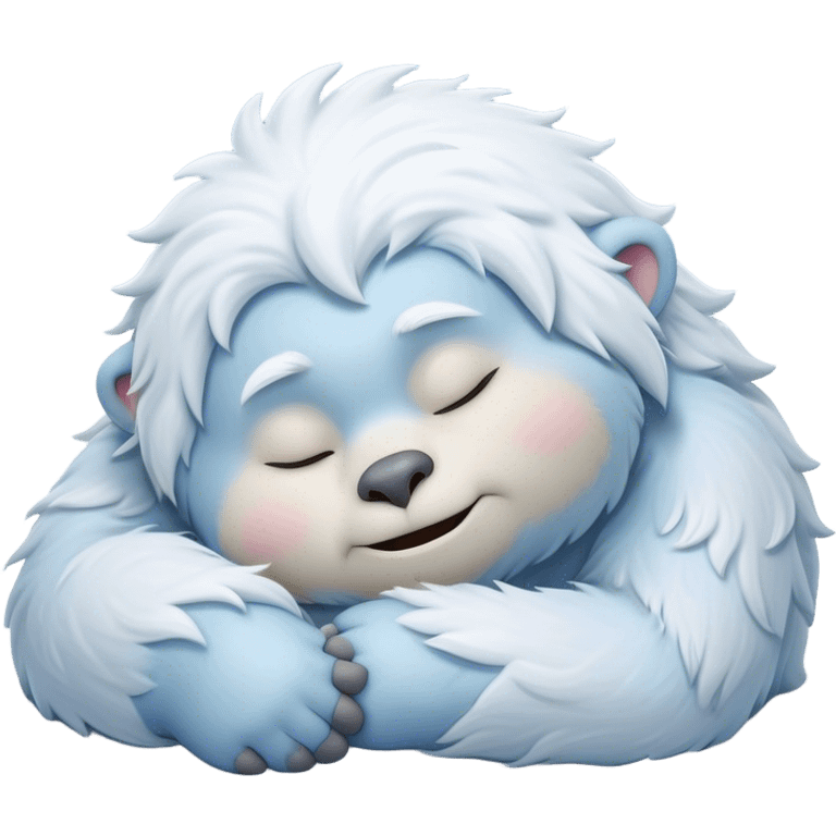 Meme-Worthy Cute Sleeping Yeti Portrait Emoji, with a charming, fluffy, snow-dusted figure in gentle whites and cool blues, head resting in blissful, serene slumber with closed, peaceful eyes and a small, contented smile, simplified yet irresistibly adorable, highly detailed with a soft frosty outline that captures the tender drowsiness of a yeti drifting into snowy dreams! emoji