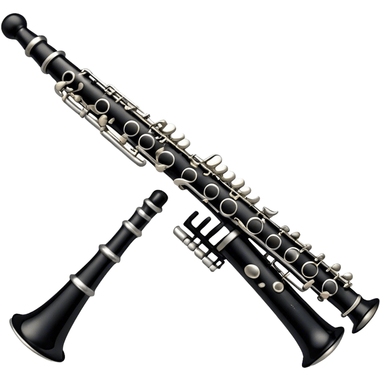 Create an emoji, representing a black standard clarinet. The design should feature a smooth, glossy black body of the clarinet with shiny, silver keys clearly visible. Highlight the intricate details of the mouthpiece and reed at the top, while the body of the instrument should remain simple and elegant. Add subtle musical notes or soundwaves floating around the instrument to symbolize its clear, melodic sound. Use black for the body, silver for the keys, and soft lighting effects to give the instrument a polished, sophisticated look. The background should be transparent. emoji