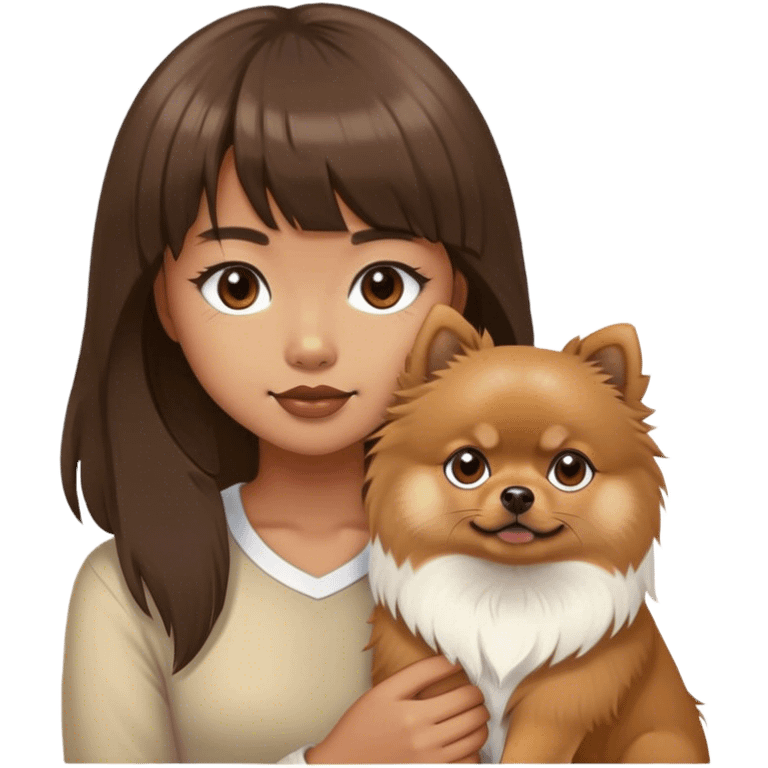 filipino girl with bangs and a brown pomeranian and a white tibetan spaniel  emoji