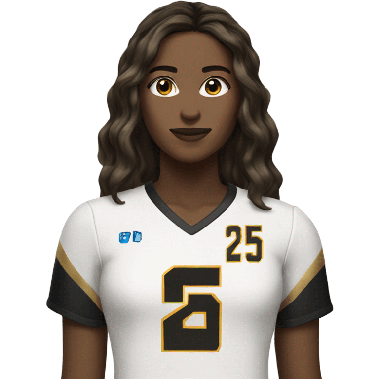 Brunette long middle part hair,white skin,gold and black volleyball jersey with the number 25 emoji