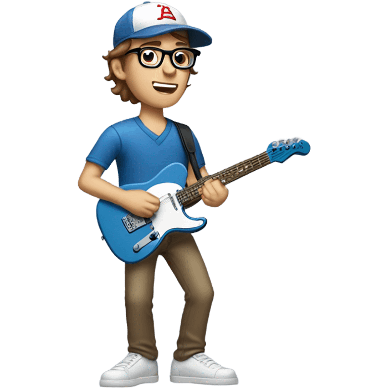 A nerdy white guy with glasses with short brown hair wearing a baseball cap playing a blue classic telescaster emoji