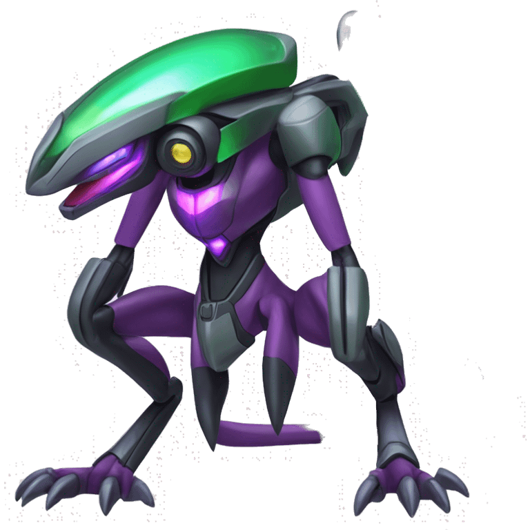 a shiny black-green-purple Genesect-Flygon-Raptor-Fakémon-Medabot-hybrid with a futuristic visor-helmet full body emoji