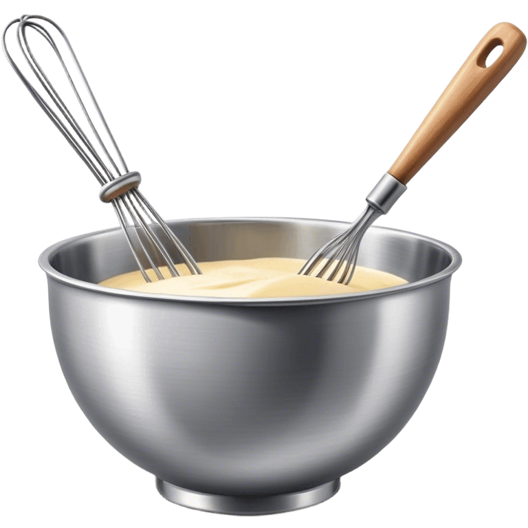 Cinematic Realistic Whisk & Mixing Bowl, a well-used metal whisk resting in a smooth ceramic mixing bowl, light reflecting off the whisk’s polished surface, subtle smears of batter along the rim, glowing with a sense of warmth and creativity. emoji