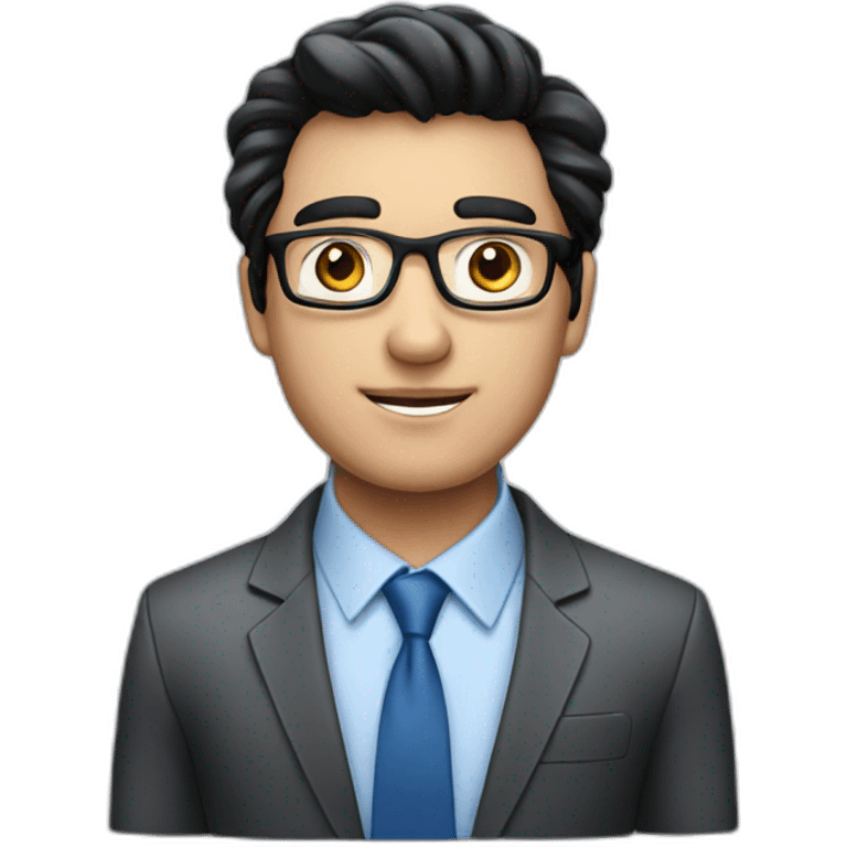 Businessman with black hair, blue eyes with glasses mac book emoji