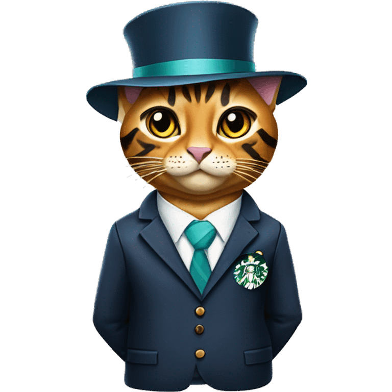 Bengal cat wearing a suit with a BOA Merrill lynch employees badge holding a Starbucks coffee  emoji