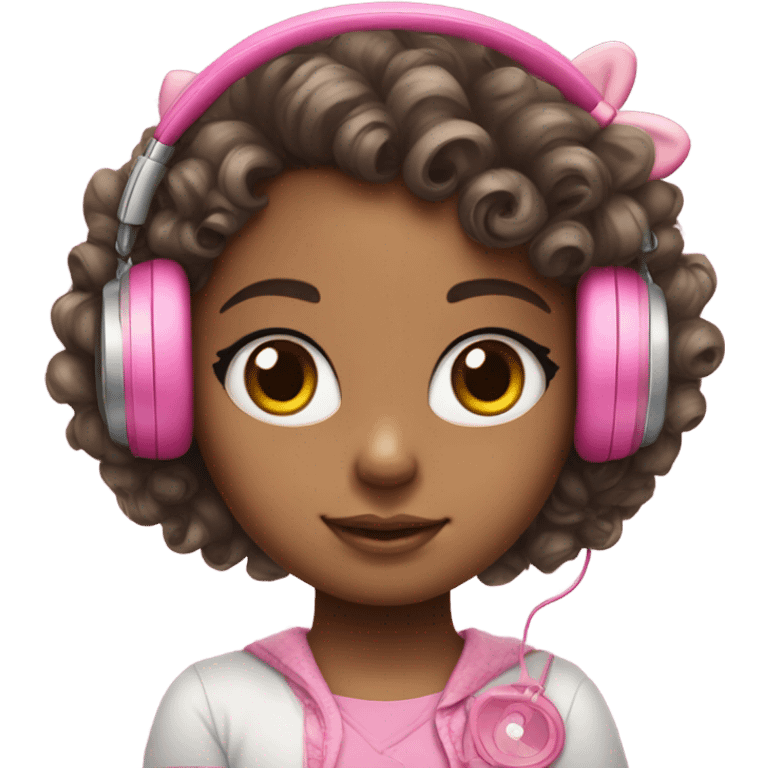 Girl with  curly hair , a hello kitty headphones , big eyes and cute  emoji