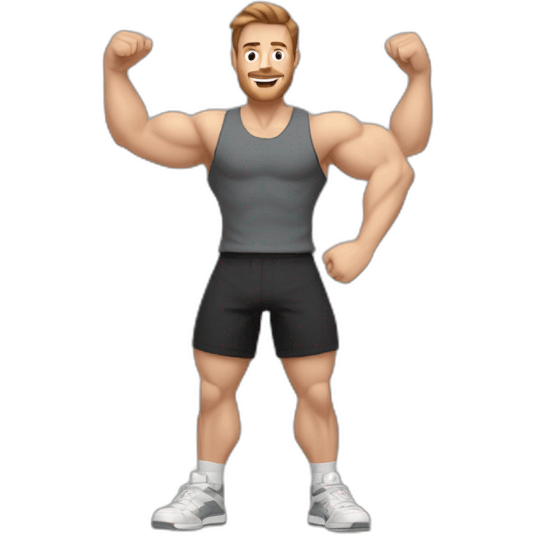 Close up Actively gesturing  with hands Pale skinned Fit Man With the biceps and brown hair in dark gray Sleeveless Mike, black oversize sports shorts, watch and white Sneakers emoji