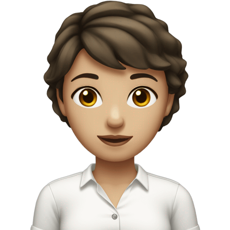 Girl with brunette short hair, black eyes, feminime, white shirt emoji