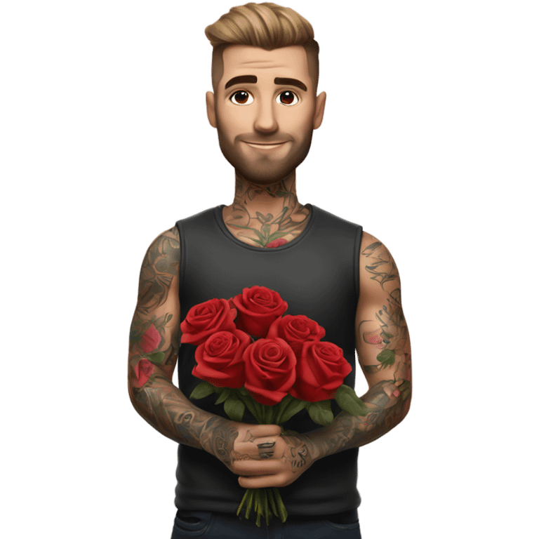 Hyper Realistic handsome tattooed man holding a bouquet of roses emoji