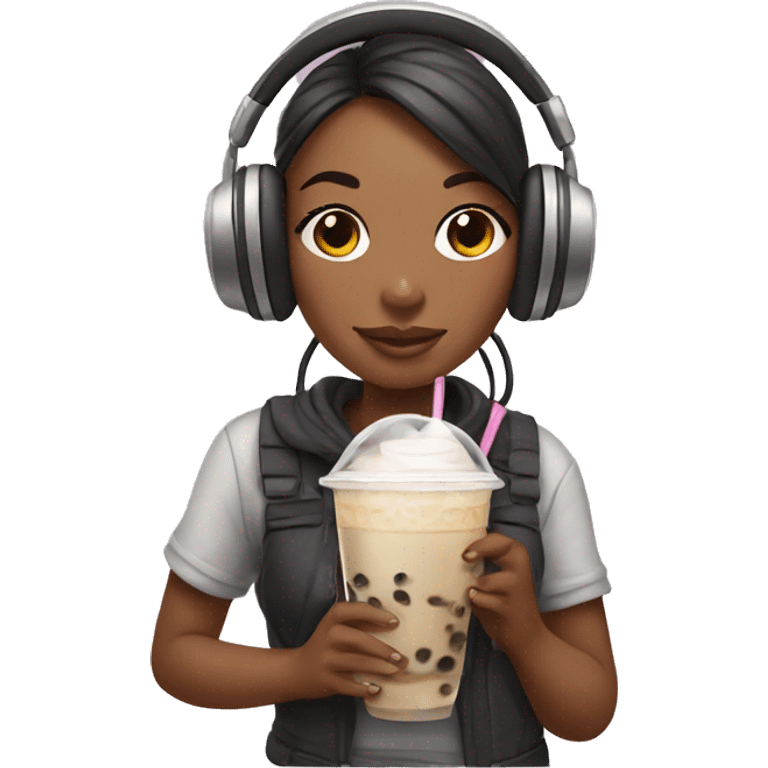 girl holding boba tea and wearing headphones emoji