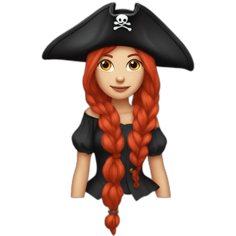 Woman long red hair in a platt .pirate hat. One side of head has no hair. skull and crossbones t shirt emoji