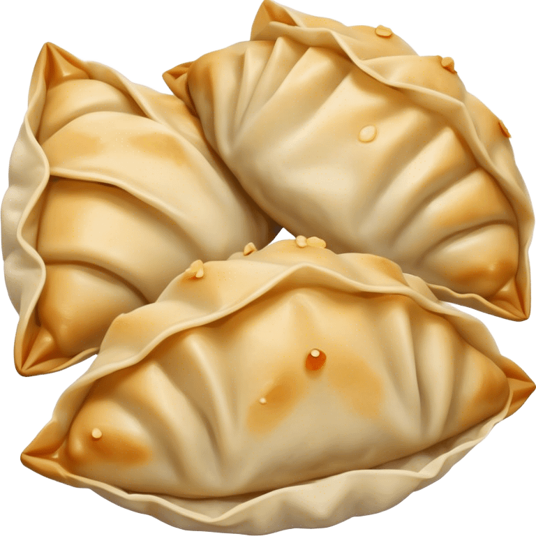 Gyoza Cinematic Realistic Gyoza Dish Emoji, depicted in a close-up view of 1 to 2 delicate dumplings with a crisp, golden exterior and savory filling, rendered with exquisite detail and dynamic lighting. emoji