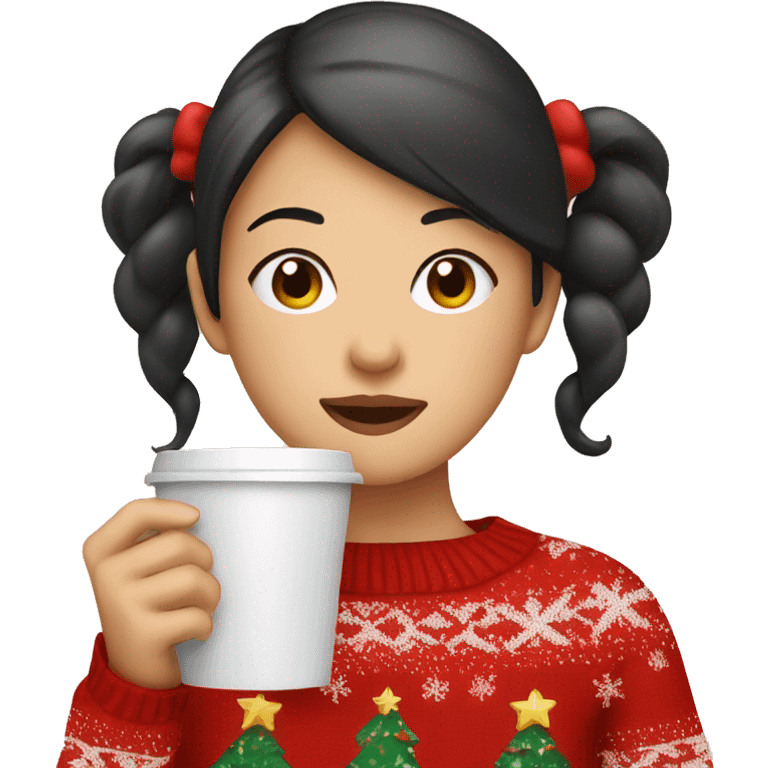 asian girl drinking coffee wearing Christmas sweater emoji