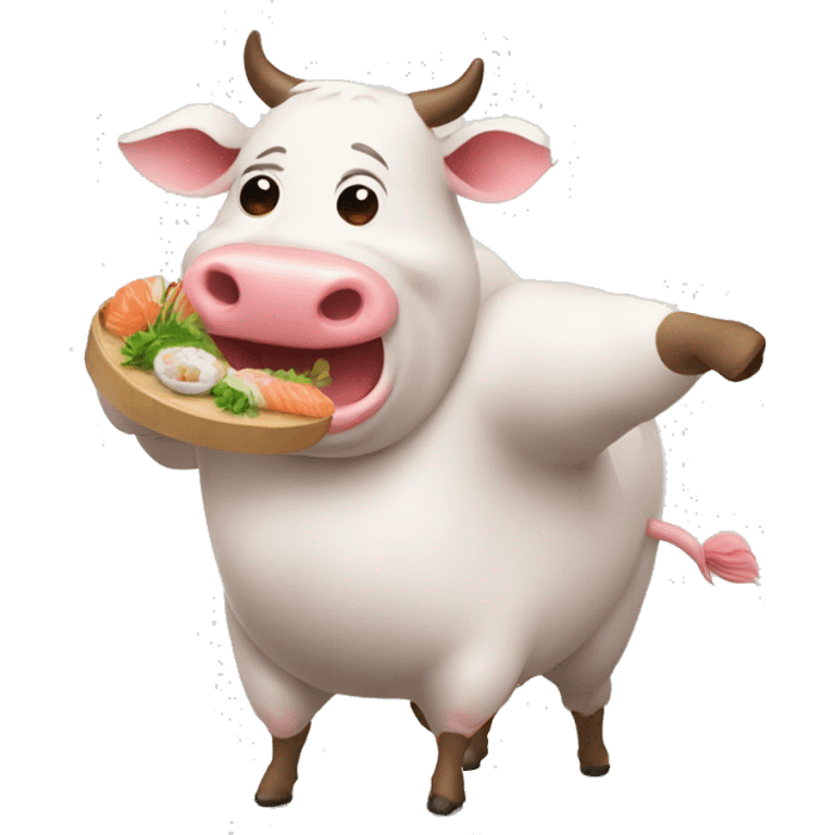 vache qui fait de la dance à coté d'un cochon qui mange des sushis emoji