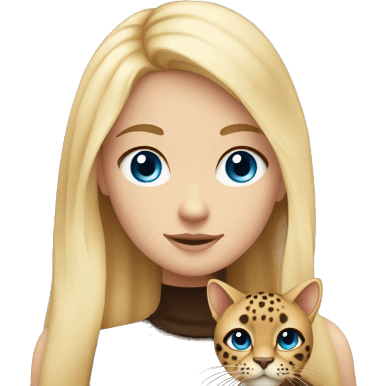 A girl with bright blonde hair blue eyes holding a brown cat with dark brown leopard spots emoji