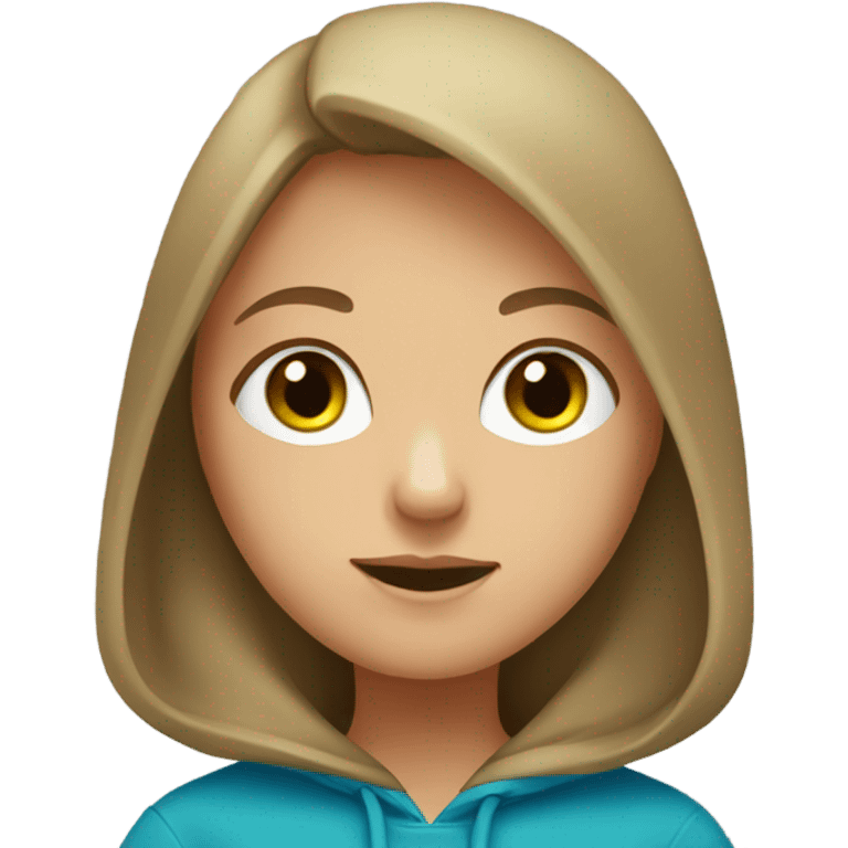 A girl with brown hair and blonde highlights with a blue hoodie and a cute nose with green eyes emoji