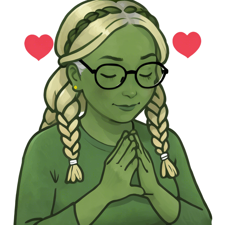 Blond middle aged woman with reading glasses and long blond braids praying, and with heart in her mind emoji