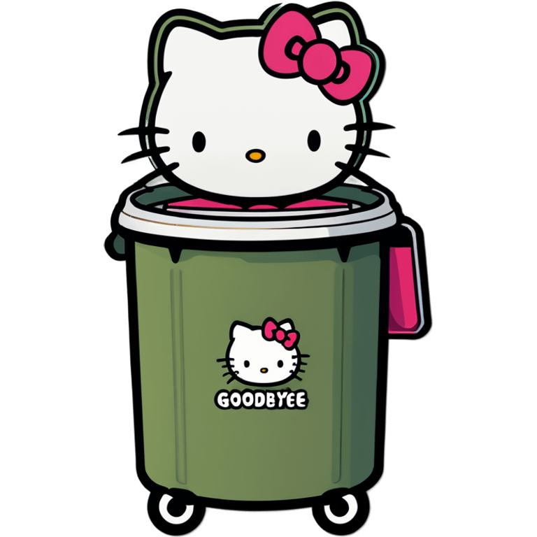 A trash bin that says on text GOODBYEEEE with hello Kitty in it emoji