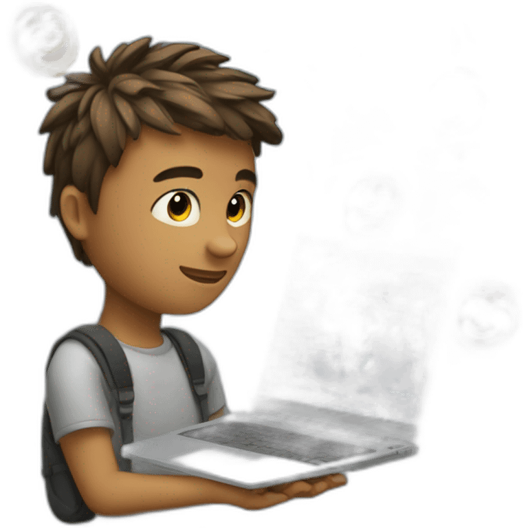 A young man with a laptop and programming codes spinning around his head emoji