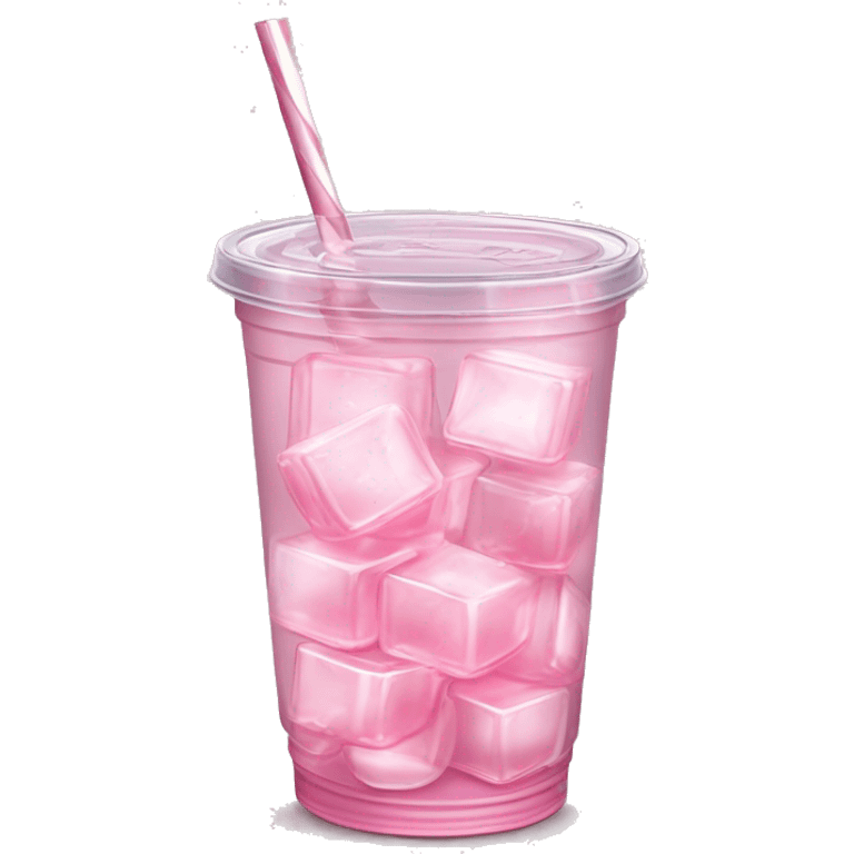 Realistic see through plastic cup and lid with half full Transluscent light pink soda,straw and large ice cubes inside. emoji