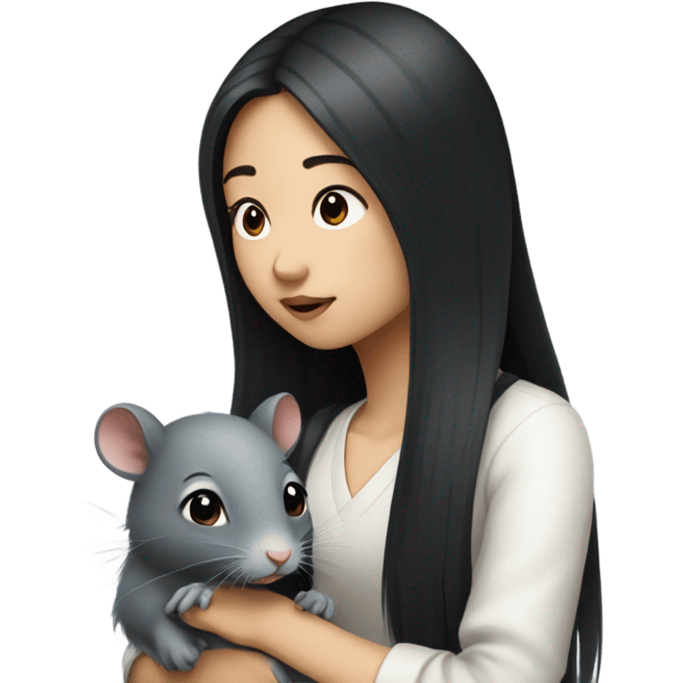 A korean girl with long black hair whispering to a grey rat emoji