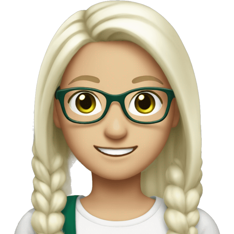 white female, long white hair with pony tail and glasses, dark green eyes, and smile emoji