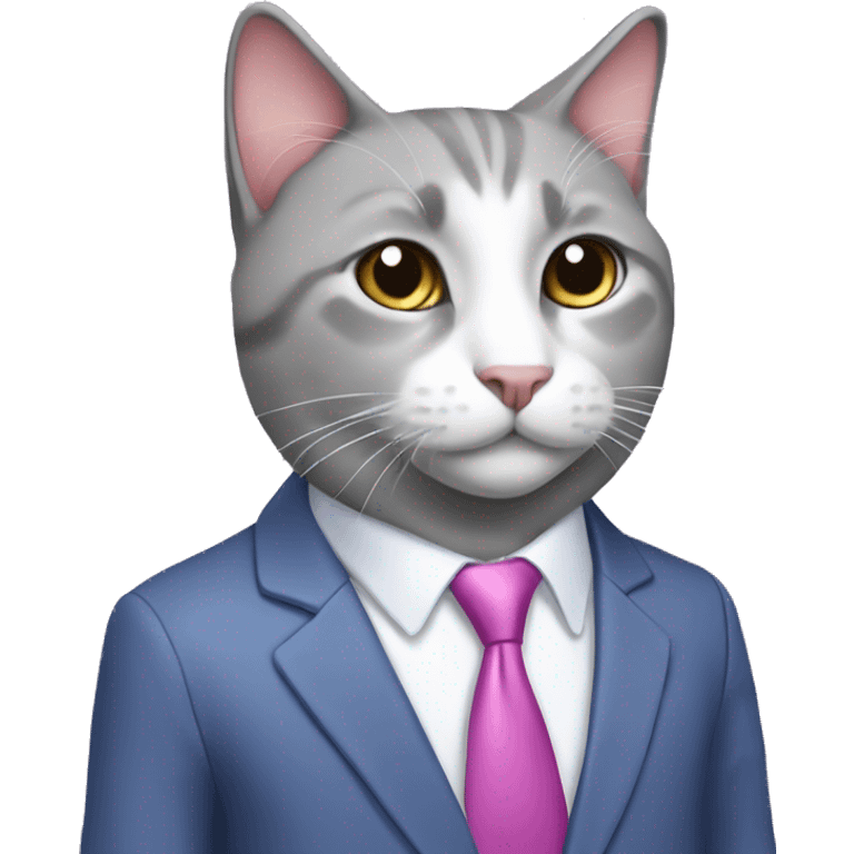 Gray and white cat-realtor i in purple suit blue shirt and pink tie emoji