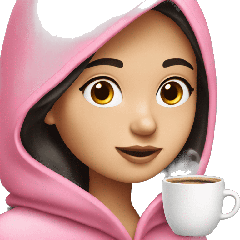 Brunette girl emoji that wears pink robe with white lines,light pink colored headphone,fair skin and almost black hair looking at her pink macbook with a cup of coffee emoji