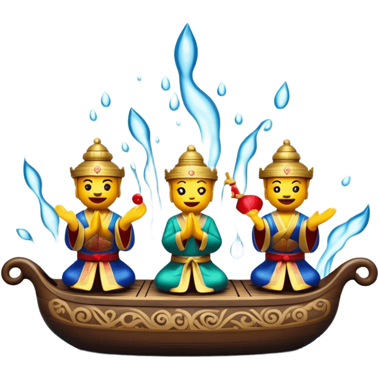 Cinematic Realistic Water Puppetry Emoji, depicted as a whimsical scene of traditional water puppets performing on a reflective water stage, rendered with vivid textures and dynamic playful lighting that captures its enchanting charm. emoji