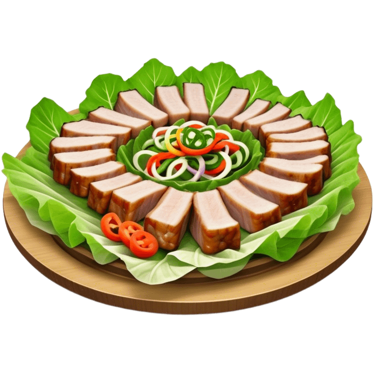 Samgyeopsal Cinematic Realistic Samgyeopsal Dish Emoji, depicted as slices of grilled pork belly served in crisp lettuce leaves with assorted fresh vegetables, rendered with dynamic textures and appetizing, natural lighting. emoji