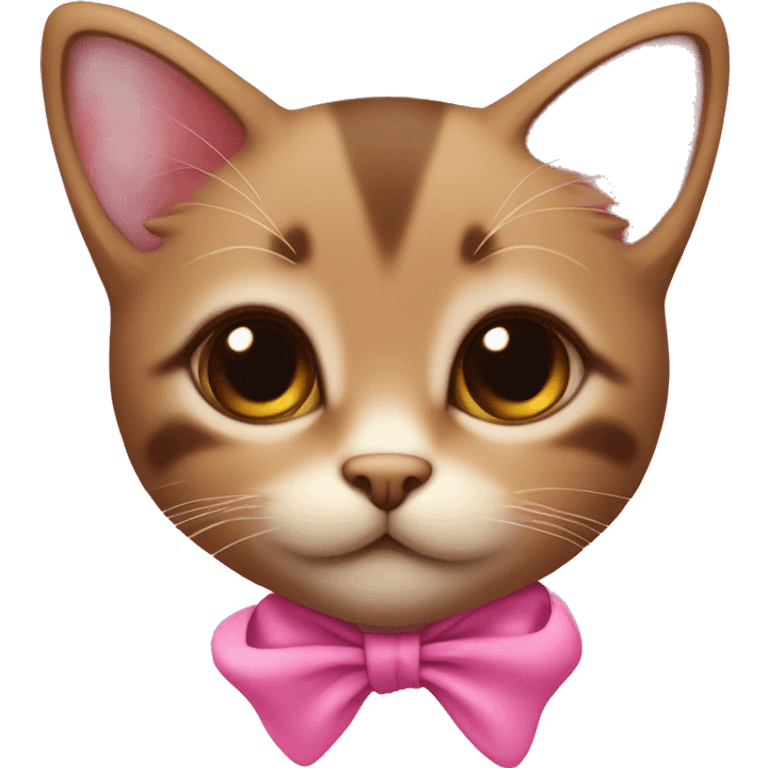 Little brown kitten with a pink ribbon around its neck, with big brown eyes and pink toungue emoji