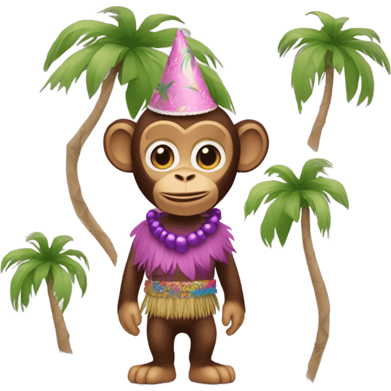 A monkey with a pink party hat and a purple BINKI top and a grass skirt emoji