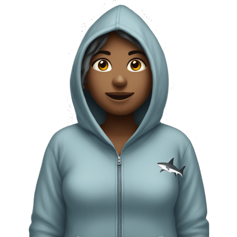 Girl wearing shark onesie over sized emoji