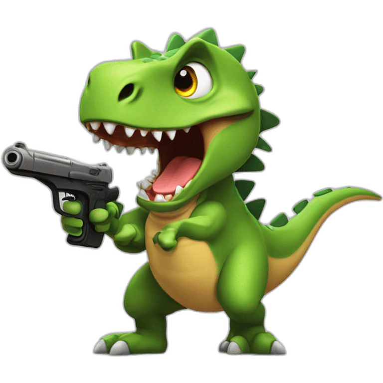 Dinosaur with a gun in his hand. Expression of fury, anger. emoji