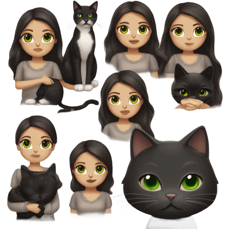 A teenage girl with white skin, she have some green hazel eyes, red lipstick, mid long straight dark brown hair, she have an eyeliner and she is holding a black cat in her arms, view from close emoji