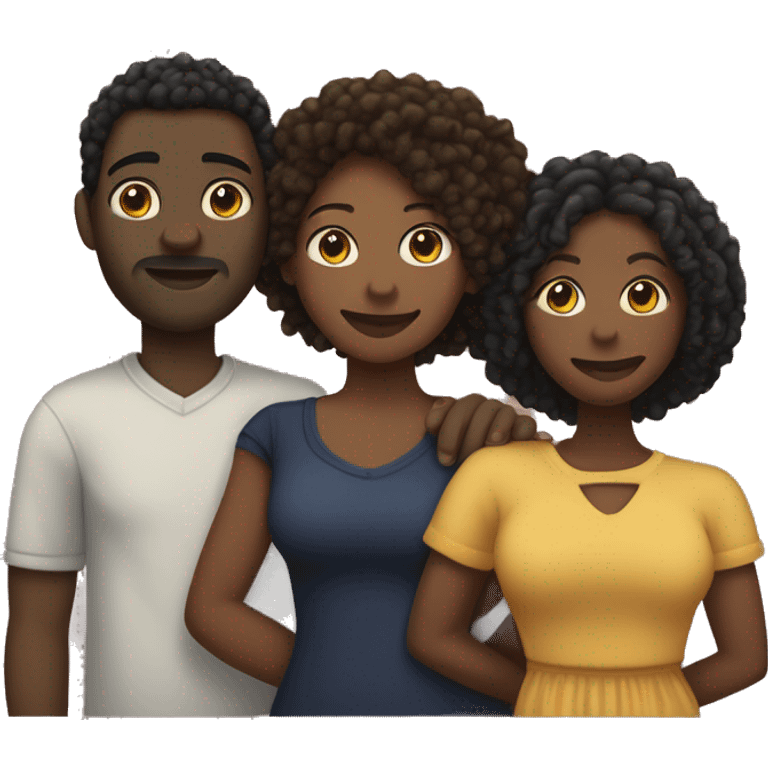 A throuple, with one tall large light skinned black man with dreadlocks, a dark skinned large woman with short afro hair, and a dark skinned nonbinary with short locks, embracing each other, heart emoji emoji