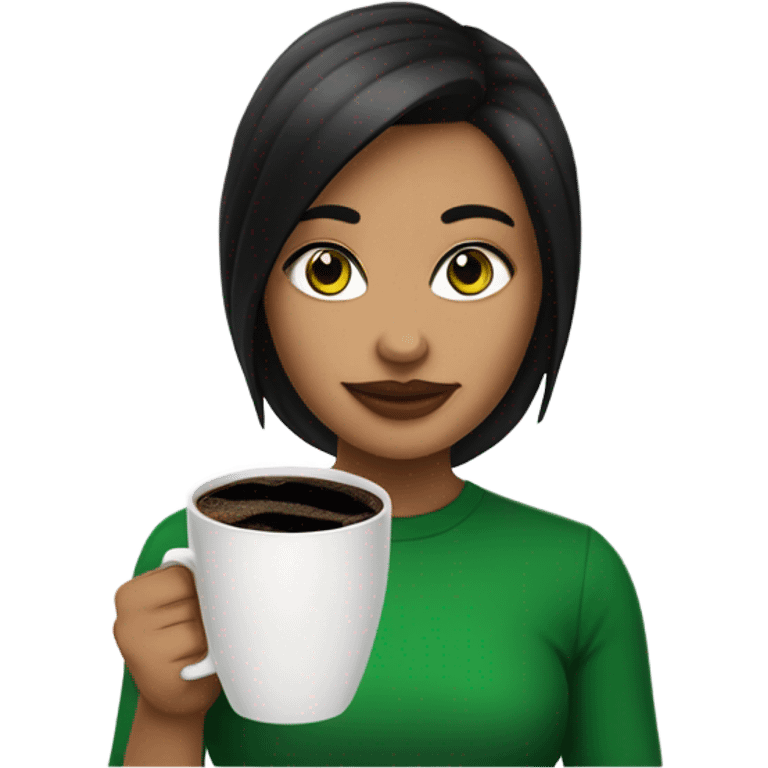 Una chica blanca con cabello negro, ojos verdes, y una taza de café negro en sus manos  emoji