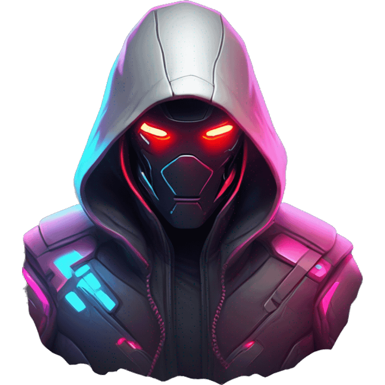 developer behind his laptop with this style : crysis Cyberpunk Riot Games Valorant neon glowing bright red character red dark black hooded assassin themed character emoji