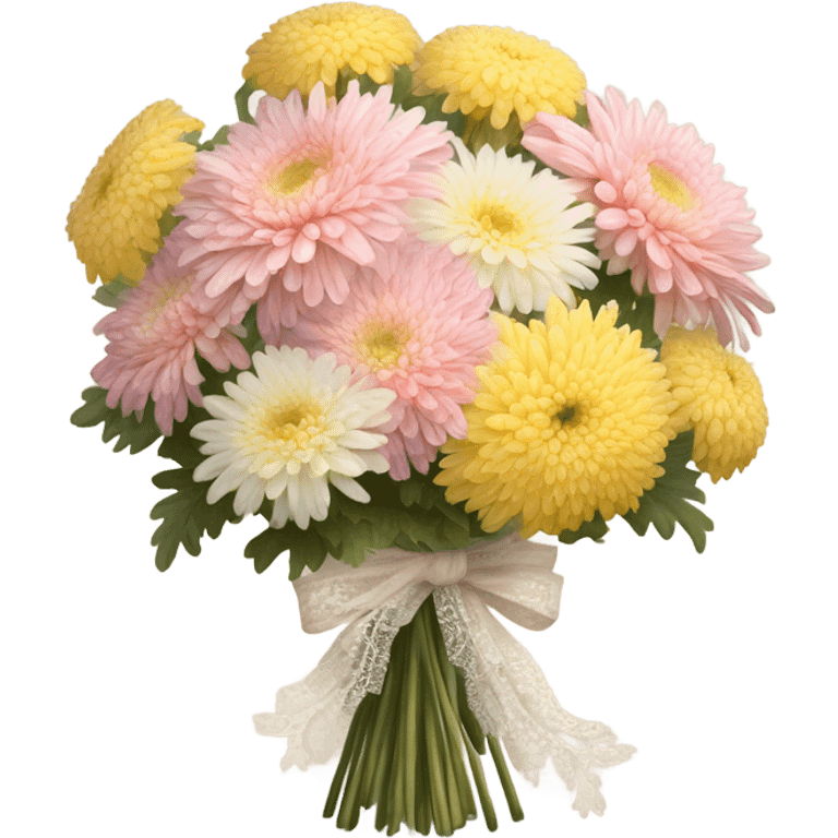 A vintage-style bouquet of chrysanthemums with a lace ribbon and a flickering candle
 emoji