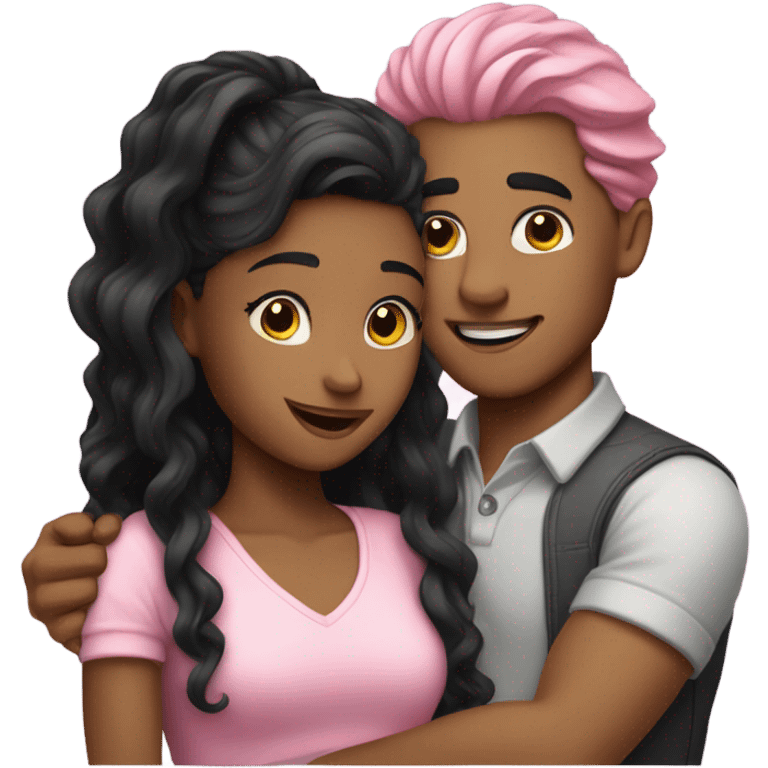 make a guy and a girl, they are hugging, the girl has pink long wavy hair. The guy has black hair and light skin emoji