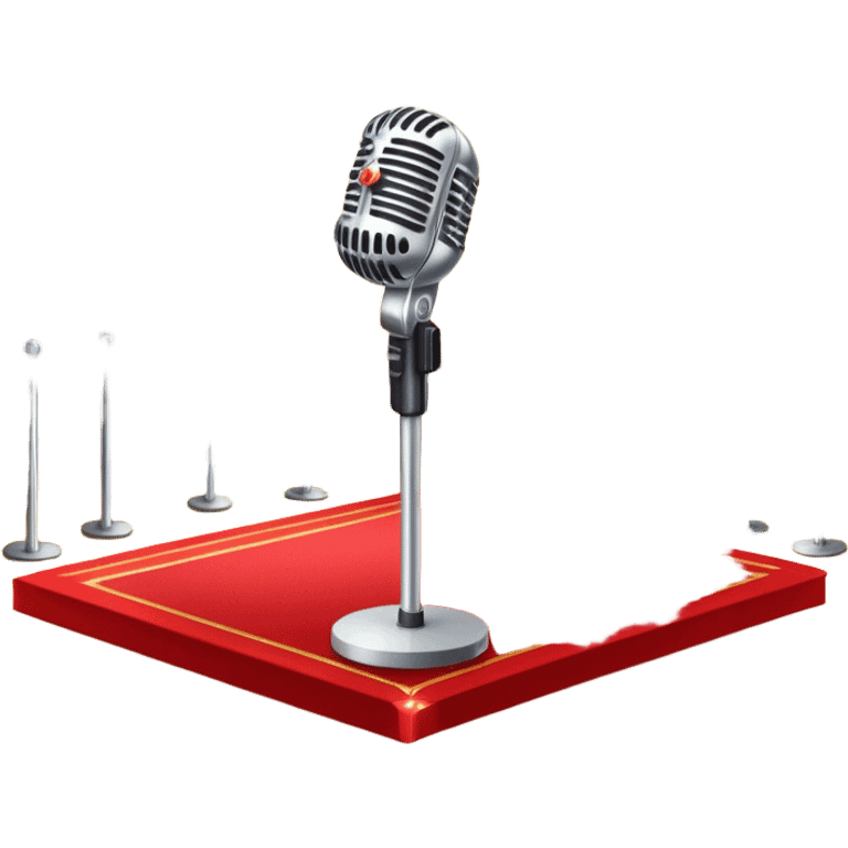 Create a glamorous and vibrant emoji that represents pop or stage vocal performance. The design should feature an empty stage with concert lighting. Include elements like an iconic stage microphone with a sparkling, rhinestone-studded microphone stand, set on a red carpet, a celebratory firework display in the background and a ribbon of musical notes flowing around the scene to symbolize the performance's energy. Use bright colors like gold, red, and silver to emphasize the excitement and glitz of the pop vocal world. The background should be transparent. emoji