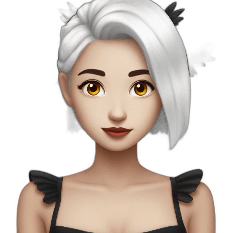 a girl with white hair that is in a undercut and she has red eyes and black angel wings and she has a maid dress on emoji