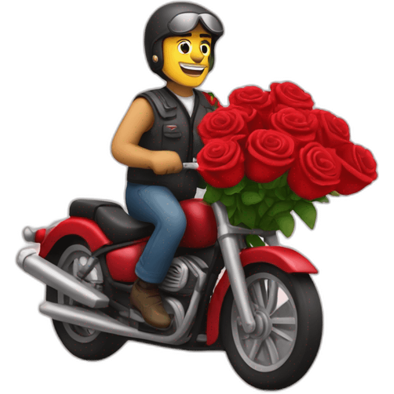 Motor cycle driver carrying a bouquet of red rose flowers emoji