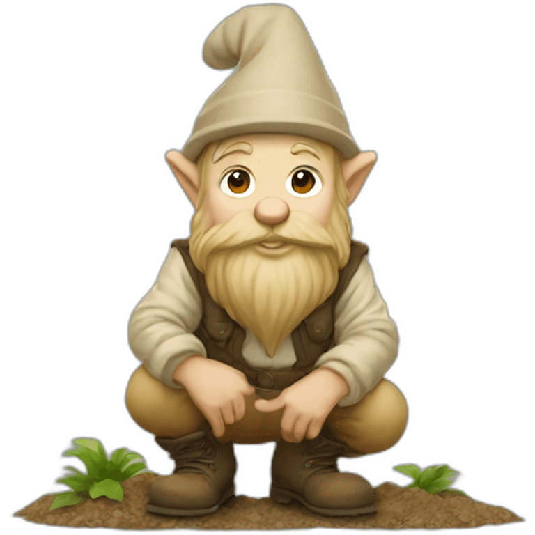 side view of gnome with light tan pants and light tan boots squatting in front of small dirt pile emoji