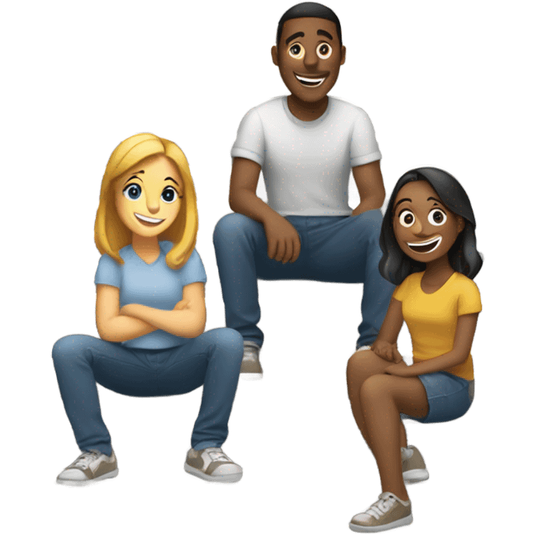 Two girls and one guy hanging out on stairs emoji