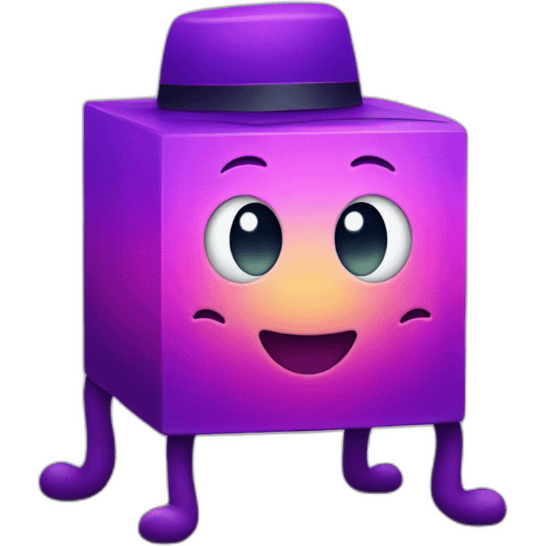 purple gradient smiling cube with 2 long hands and 2 long legs with a hat emoji