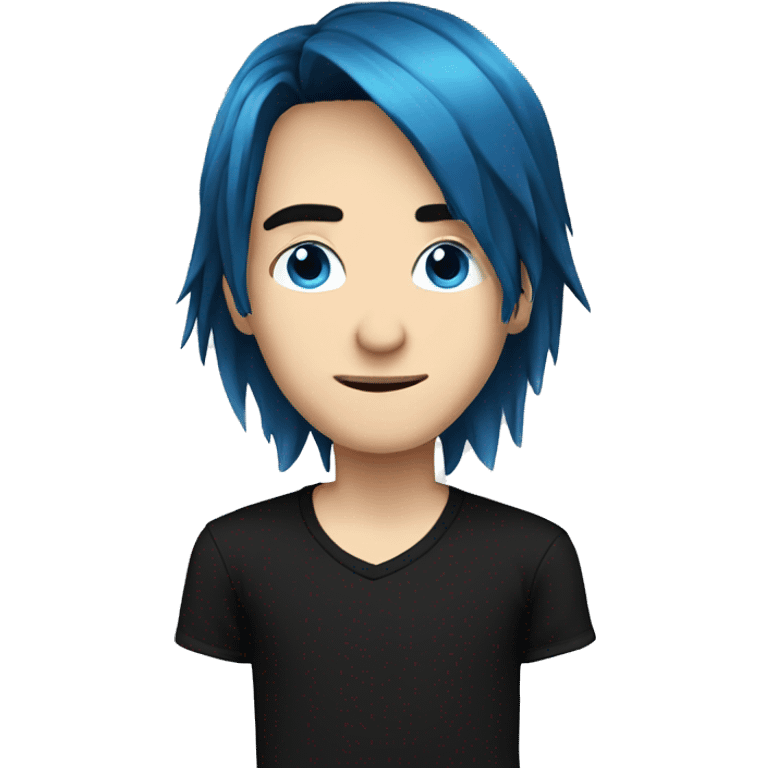 caucasian male. blue long emo hair. black shirt. teenager emoji