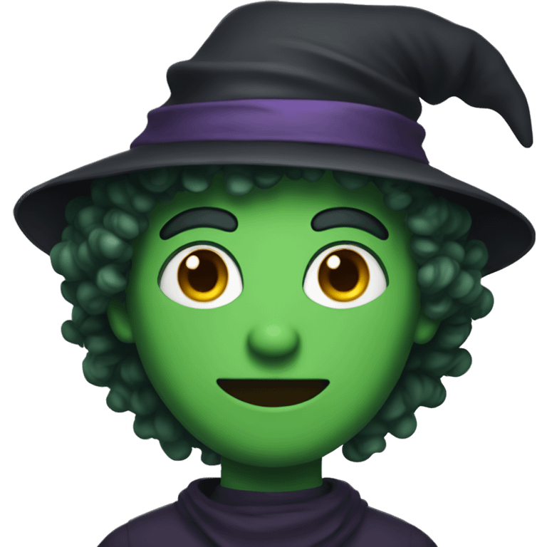 Man with green skin and curly hair wearing a witch hat emoji